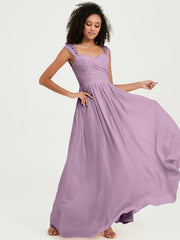 Chiffon Bridesmaid Dresses with Lace Cap Sleeves Wisteria