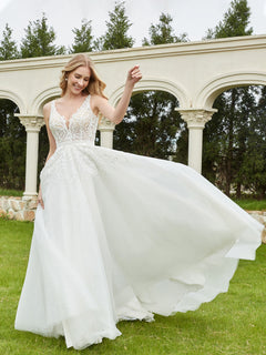 A-Line Applique Sweep Train Wedding Dress Ivory
