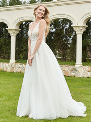 A-Line Applique Sweep Train Wedding Dress Ivory