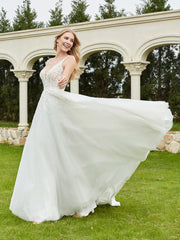 A-Line Applique Sweep Train Wedding Dress Ivory