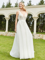 A-Line Applique Sweep Train Wedding Dress Ivory