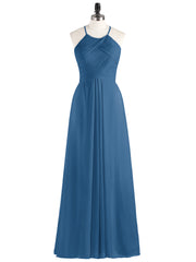 Long Chiffon Dresses with Halter Neck Ink Blue