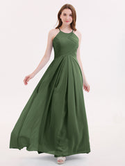 Long Chiffon Dresses with Halter Neck Olive Green