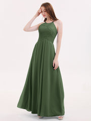 Long Chiffon Dresses with Halter Neck Olive Green