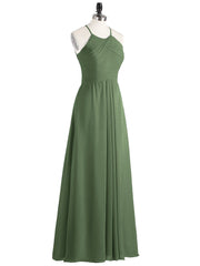 Long Chiffon Dresses with Halter Neck Olive Green