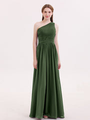 Pleated Bodice One Shoulder Long Chiffon Dresses Olive Green