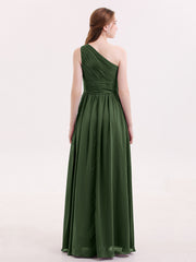 Pleated Bodice One Shoulder Long Chiffon Dresses Olive Green