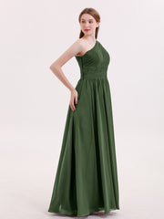 Pleated Bodice One Shoulder Long Chiffon Dresses Olive Green