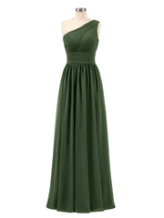 Pleated Bodice One Shoulder Long Chiffon Dresses Olive Green
