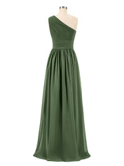 Pleated Bodice One Shoulder Long Chiffon Dresses Olive Green