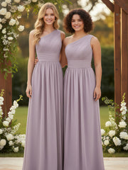 Pleated Bodice One Shoulder Long Chiffon Dresses Dusk