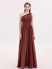 Pleated Bodice One Shoulder Long Chiffon Dresses Terracotta