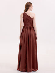 Pleated Bodice One Shoulder Long Chiffon Dresses Terracotta