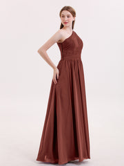 Pleated Bodice One Shoulder Long Chiffon Dresses Terracotta