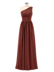 Pleated Bodice One Shoulder Long Chiffon Dresses Terracotta