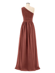 Pleated Bodice One Shoulder Long Chiffon Dresses Terracotta