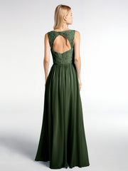 Lace Top Chiffon Skirt Maxi V-neck Dress Olive Green
