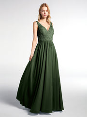 Lace Top Chiffon Skirt Maxi V-neck Dress Olive Green