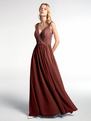 Lace Top Chiffon Skirt Maxi V-neck Dress Terracotta