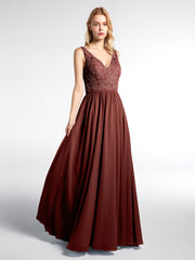 Lace Top Chiffon Skirt Maxi V-neck Dress Terracotta