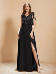 A-Line V-neck Floor-length Dress With Silt Black Plus Size