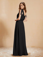 A-Line V-neck Floor-length Dress With Silt Black