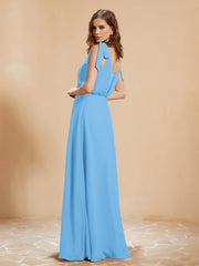 A-Line V-neck Floor-length Dress With Silt Blue