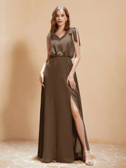 A-Line V-neck Floor-length Dress With Silt Brown Plus Size