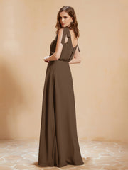 A-Line V-neck Floor-length Dress With Silt Brown Plus Size