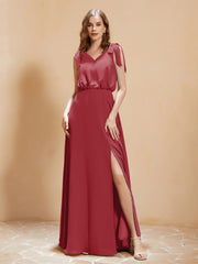 A-Line V-neck Floor-length Dress With Silt Burgundy Plus Size