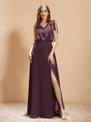 A-Line V-neck Floor-length Dress With Silt Cabernet Plus Size