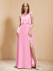 A-Line V-neck Floor-length Dress With Silt Candy Pink