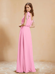 A-Line V-neck Floor-length Dress With Silt Candy Pink