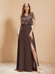 A-Line V-neck Floor-length Dress With Silt Chocolate