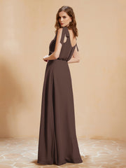 A-Line V-neck Floor-length Dress With Silt Chocolate