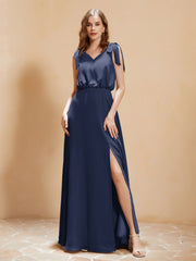 A-Line V-neck Floor-length Dress With Silt Dark Navy Plus Size