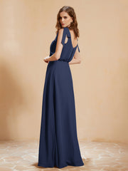 A-Line V-neck Floor-length Dress With Silt Dark Navy Plus Size
