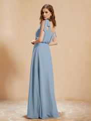 A-Line V-neck Floor-length Dress With Silt Dusty Blue