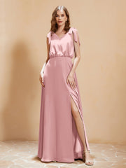 A-Line V-neck Floor-length Dress With Silt Dusty Rose Plus Size