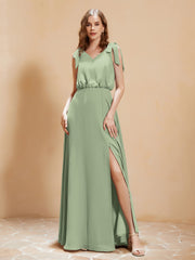 A-Line V-neck Floor-length Dress With Silt Dusty Sage Plus Size