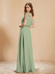 A-Line V-neck Floor-length Dress With Silt Dusty Sage