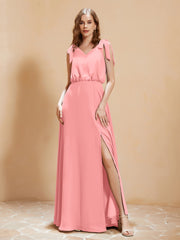 A-Line V-neck Floor-length Dress With Silt Flamingo Plus Size