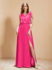A-Line V-neck Floor-length Dress With Silt Fuchsia Plus Size