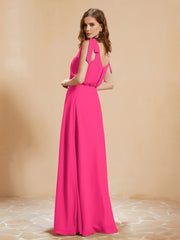 A-Line V-neck Floor-length Dress With Silt Fuchsia Plus Size