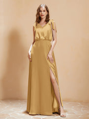 A-Line V-neck Floor-length Dress With Silt Gold