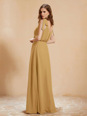 A-Line V-neck Floor-length Dress With Silt Gold Plus Size