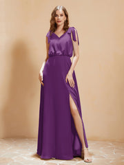 A-Line V-neck Floor-length Dress With Silt Grape Plus Size