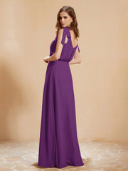A-Line V-neck Floor-length Dress With Silt Grape Plus Size