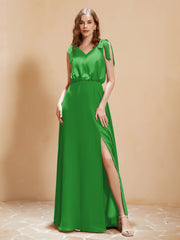 A-Line V-neck Floor-length Dress With Silt Green