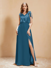 A-Line V-neck Floor-length Dress With Silt Ink Blue